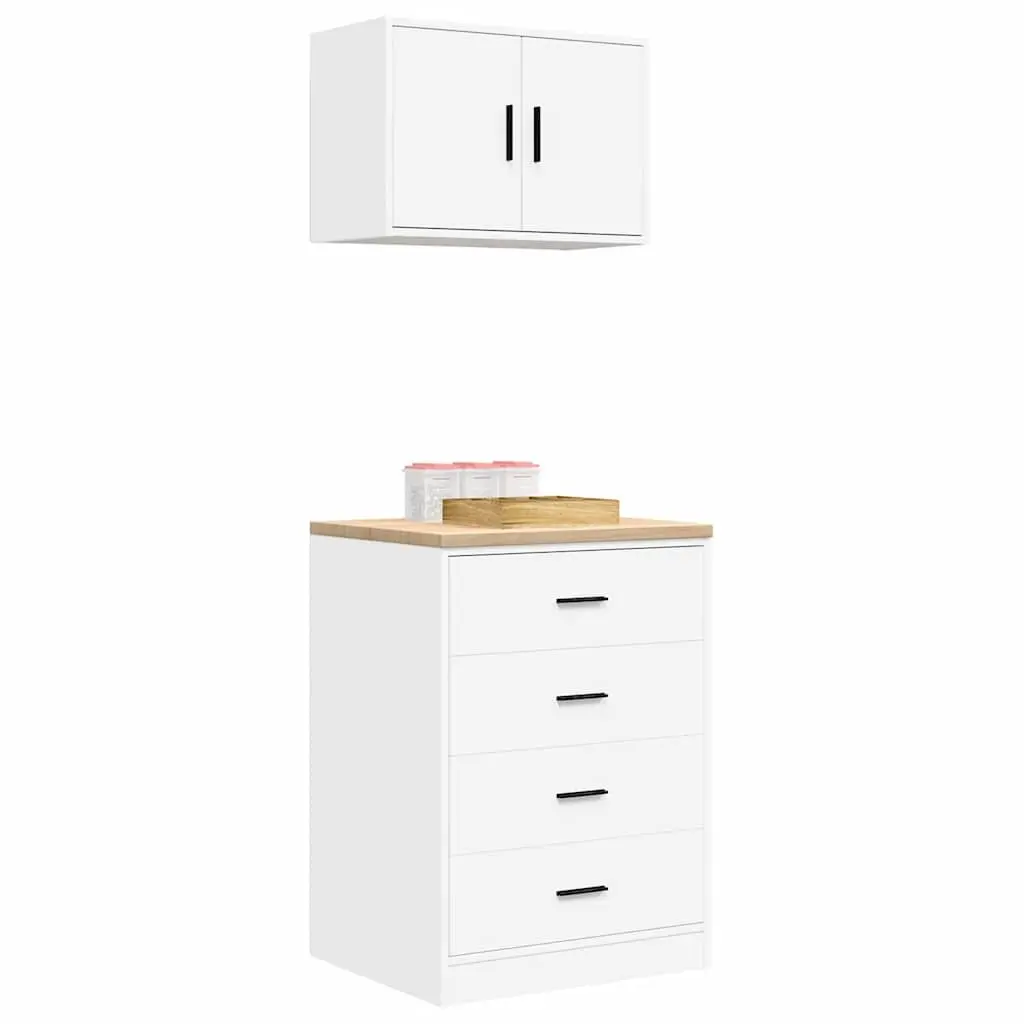 Garage Storage Cabinets White 2pc Engineered Wood Heavy-Duty Tool Organiser with Solid Work Surface