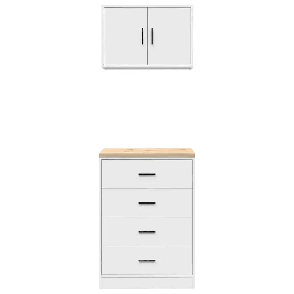 Garage Storage Cabinets White 2pc Engineered Wood Heavy-Duty Tool Organiser with Solid Work Surface