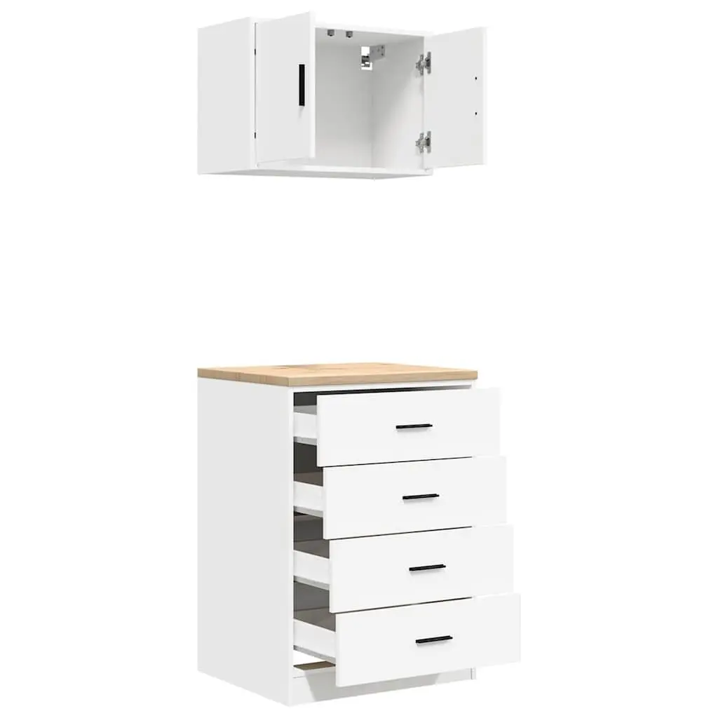 Garage Storage Cabinets White 2pc Engineered Wood Heavy-Duty Tool Organiser with Solid Work Surface