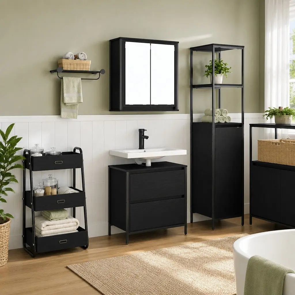 Bathroom Furniture Set Black Oak 2 Piece Engineered Wood Cabinet Mirror Storage