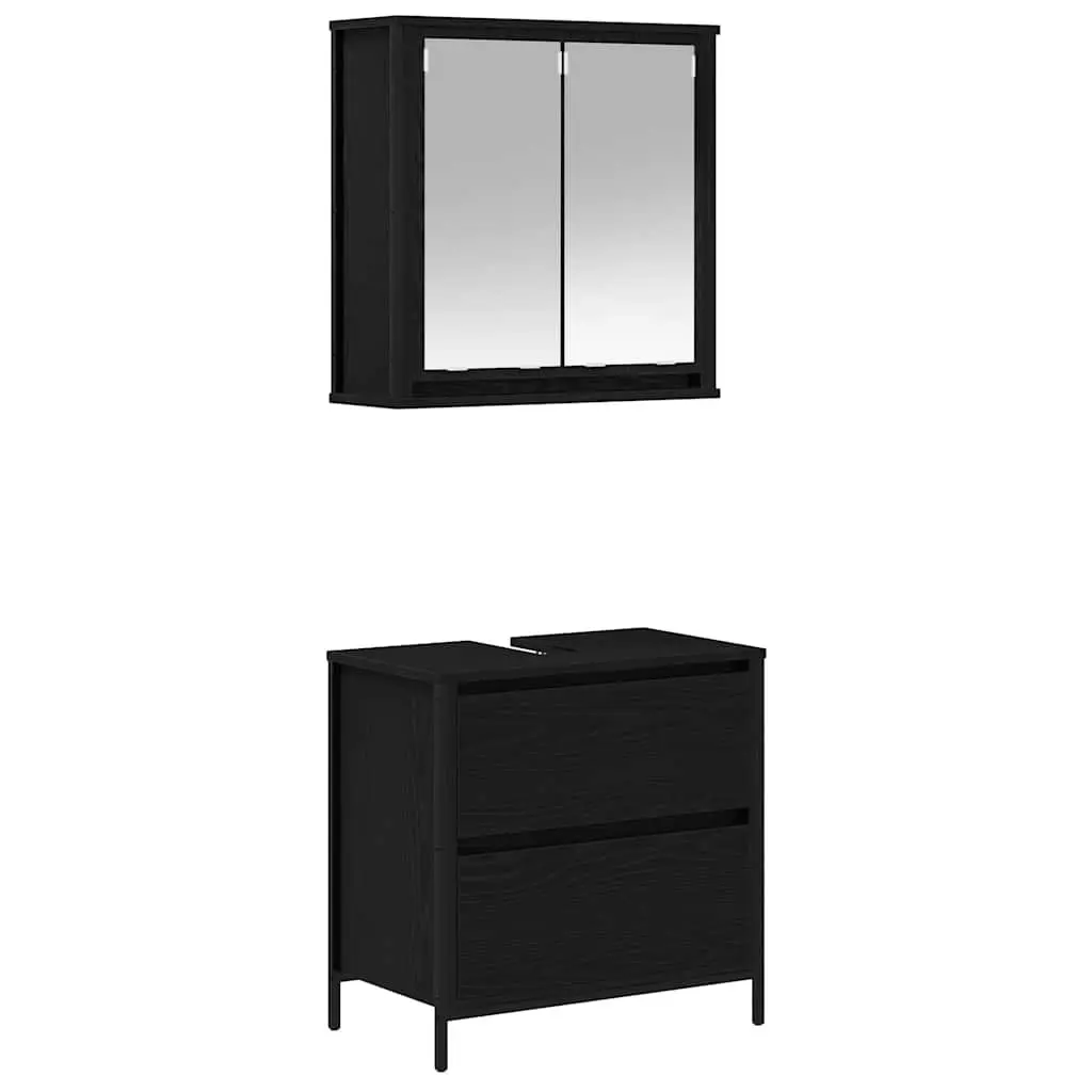 Bathroom Furniture Set Black Oak 2 Piece Engineered Wood Cabinet Mirror Storage
