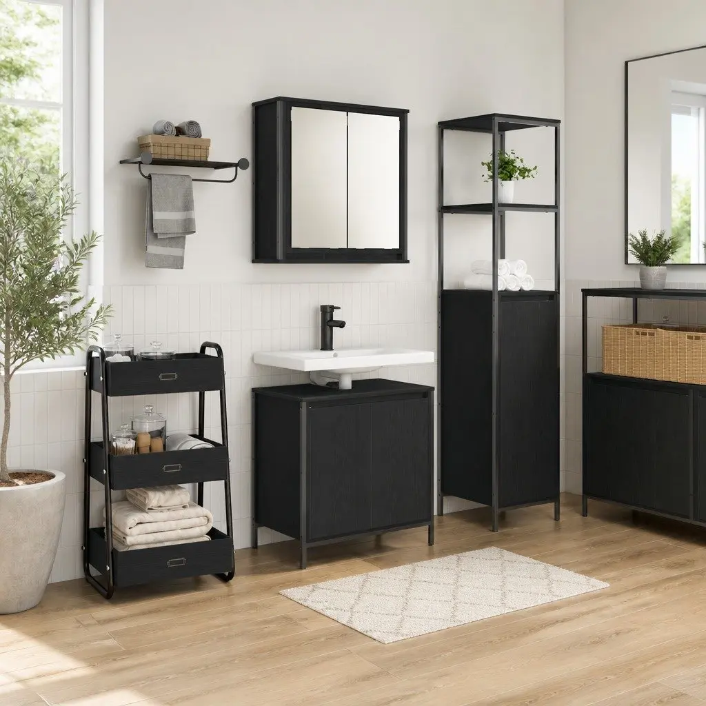 Bathroom Vanity Unit Black 2 Piece Storage Cabinet Engineered Wood