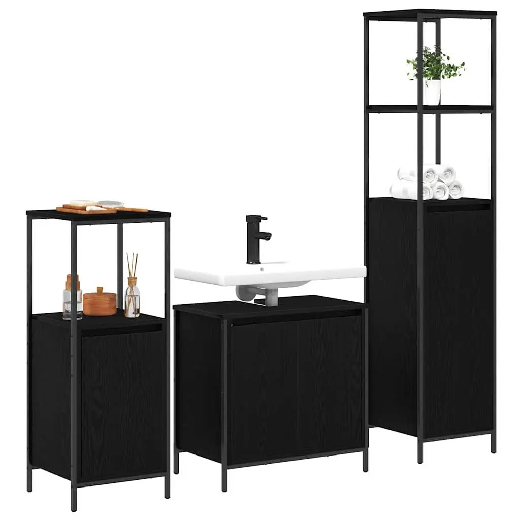 Bathroom Furniture Set Black Oak 3 Piece Vanity Cabinet Storage Unit with Mirror