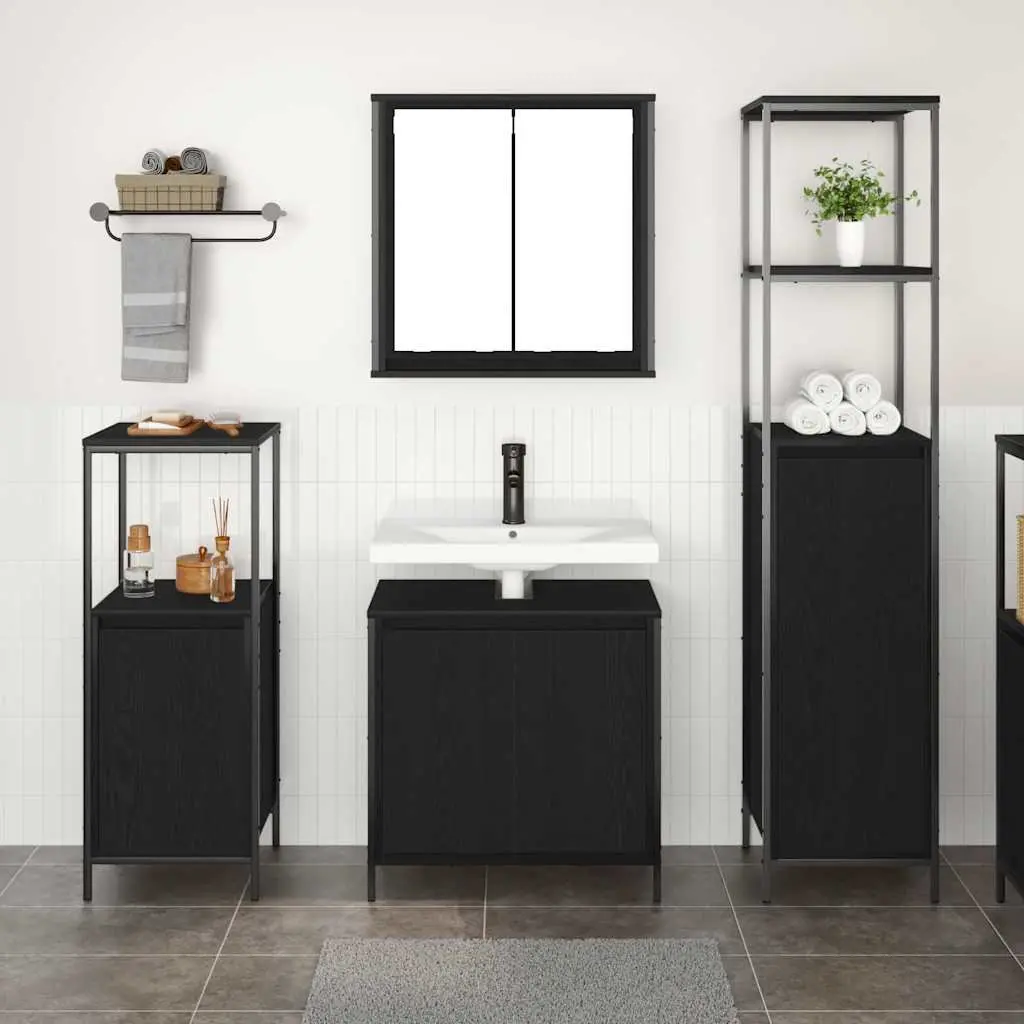 Bathroom Furniture Set Black Oak 3 Piece Vanity Cabinet Storage Unit with Mirror