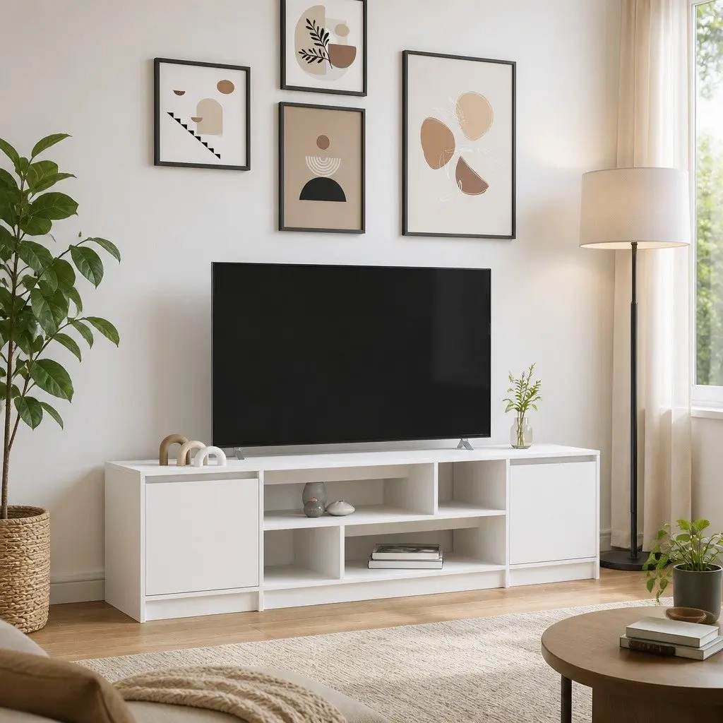 TV Cabinet White Engineered Wood Ample Storage Space for Living Room Bedroom