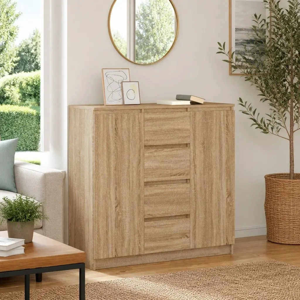 Sideboard Brown Engineered Wood Storage Cabinet with Drawers Doors and Shelves