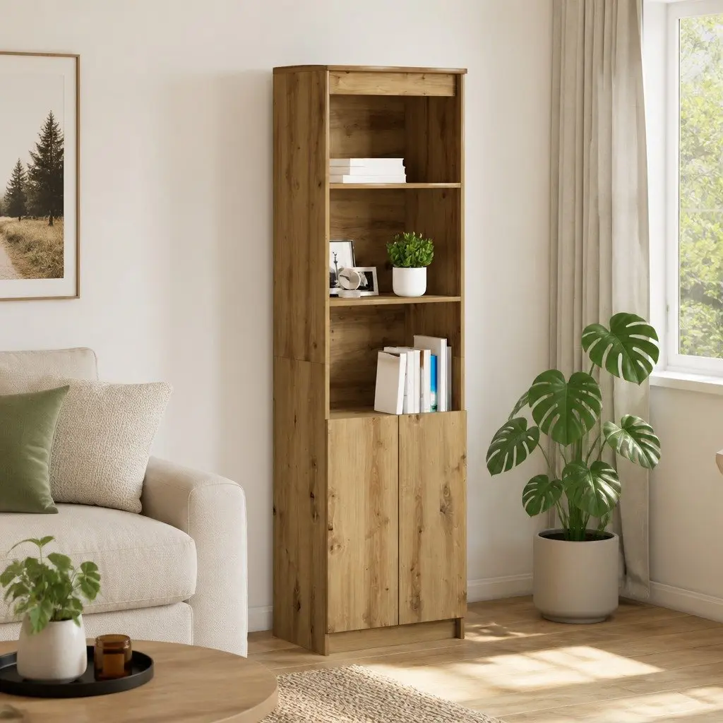 Tall Brown Highboard Storage Cabinet Engineered Wood Enclosed Cupboard