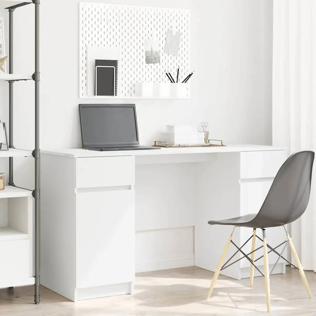 White Engineered Wood Desk with Drawer Storage Modern Home Office Workspace