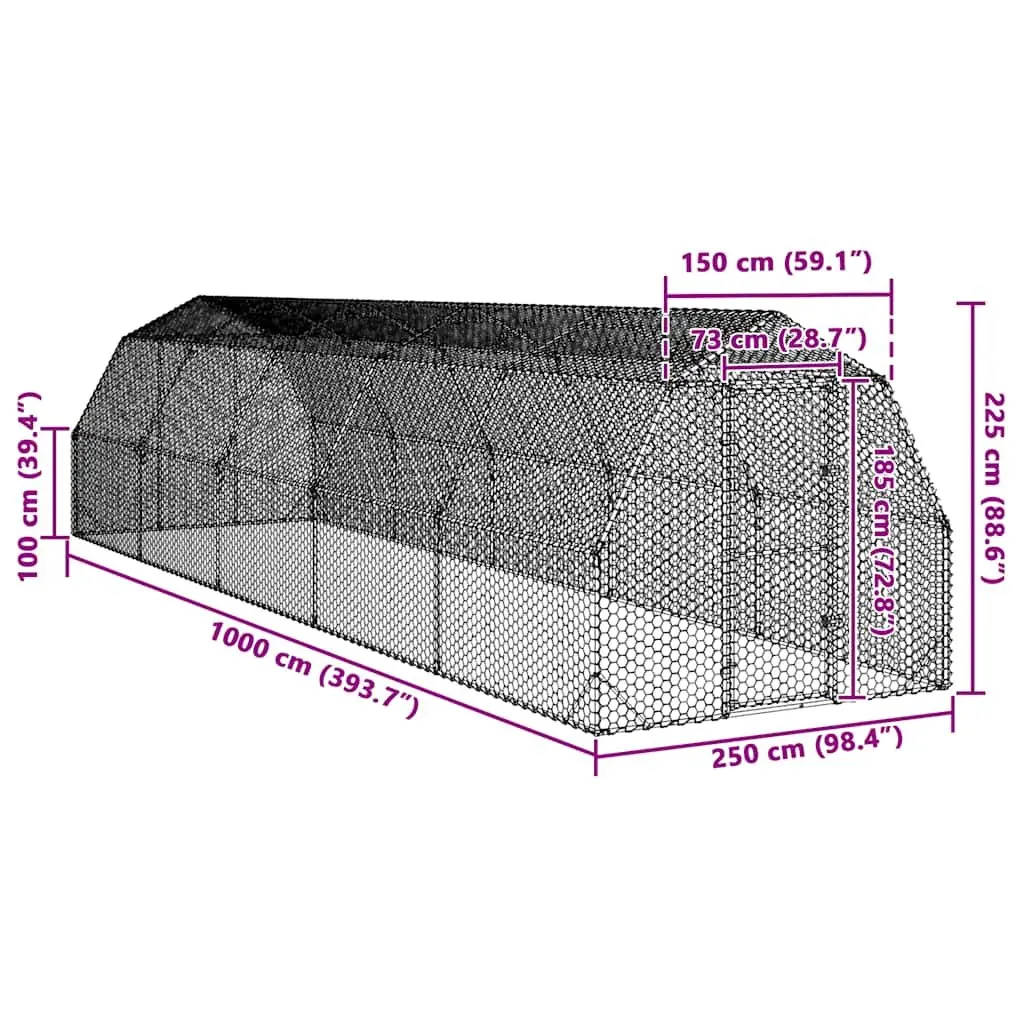 Chicken Run Silver 2.5x10x2.25m Walk-in Coop Galvanised Steel Mesh Poultry Enclosure