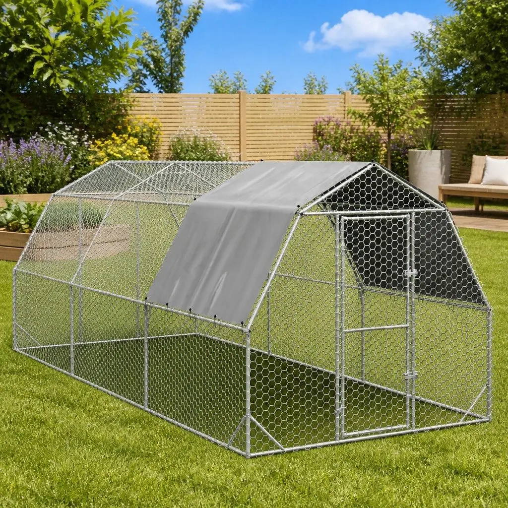 Chicken Run Silver Large Walk-In Coop Galvanised Steel Frame Water-Resistant Roof Hexagonal Mesh