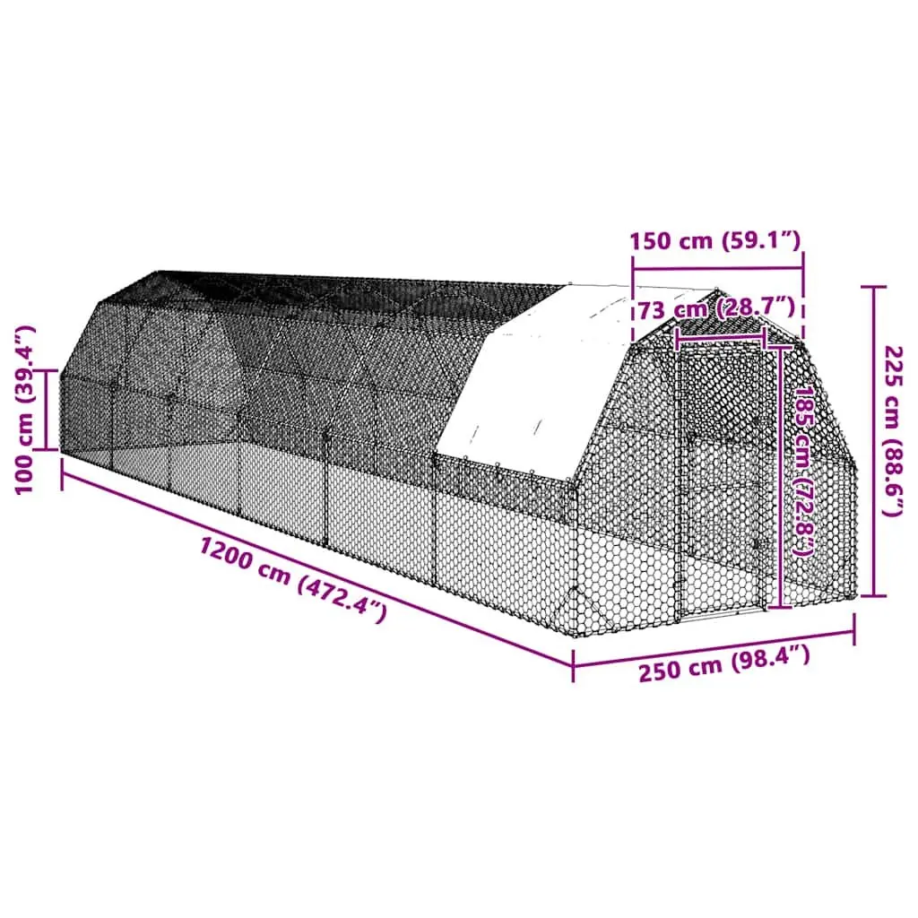 Chicken Run Silver Large Walk-in Coop Galvanised Steel Frame with Water-resistant Roof