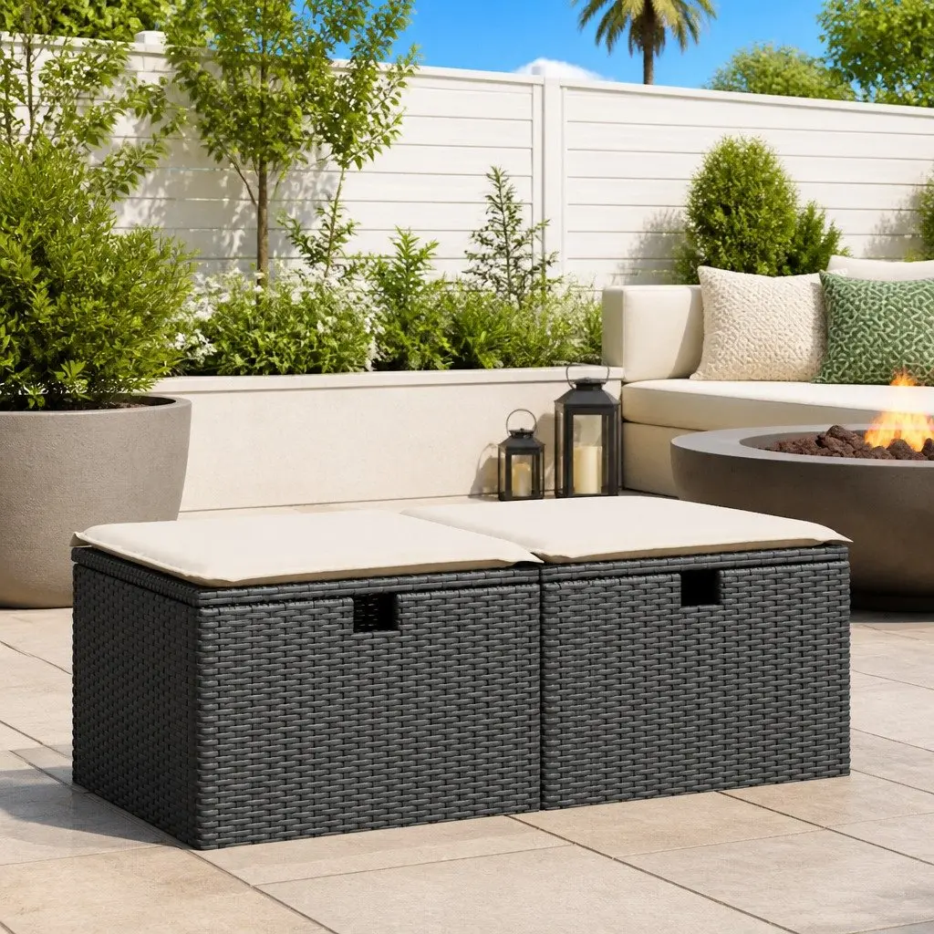 Black Poly Rattan 2 Piece Outdoor Garden Sofa Set with Storage and Cushions