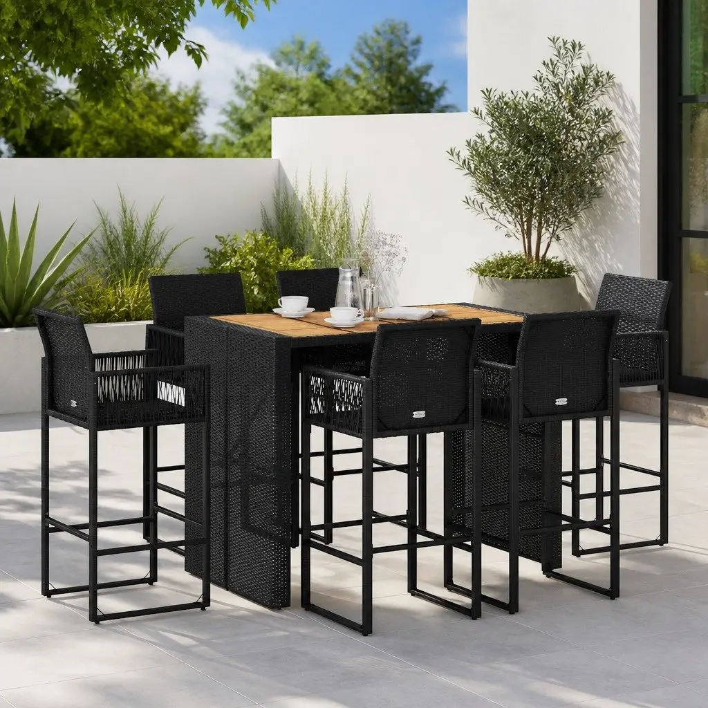 7 Piece Garden Bar Set Black Rattan Patio Furniture with Bar Stools and Cushions