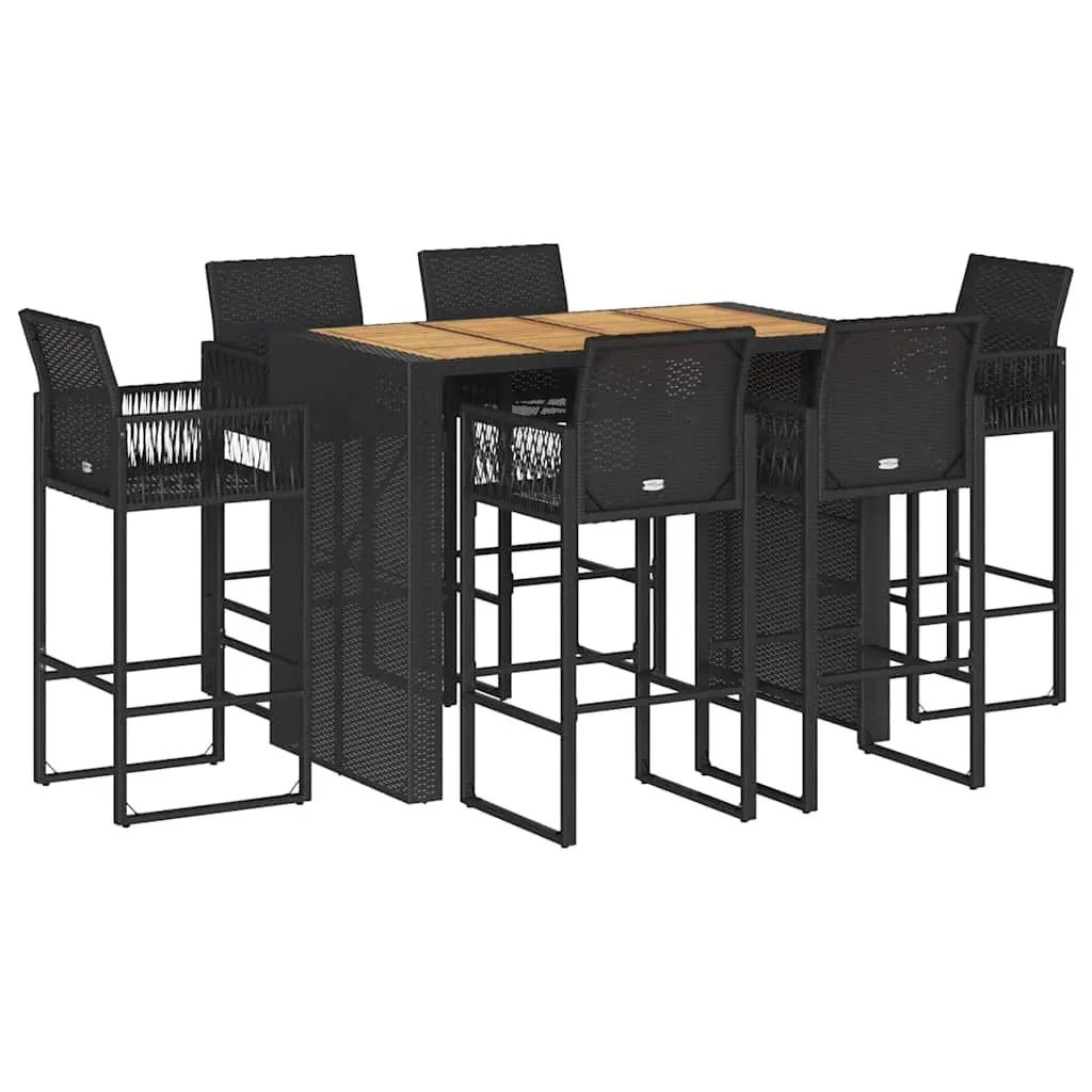 7 Piece Garden Bar Set Black Rattan Patio Furniture with Bar Stools and Cushions