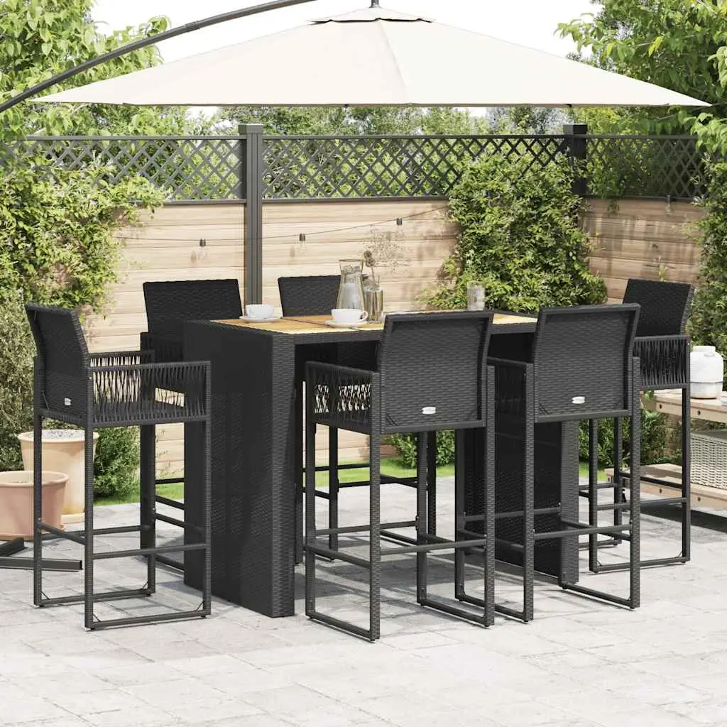 7 Piece Garden Bar Set Black Rattan Patio Furniture with Bar Stools and Cushions