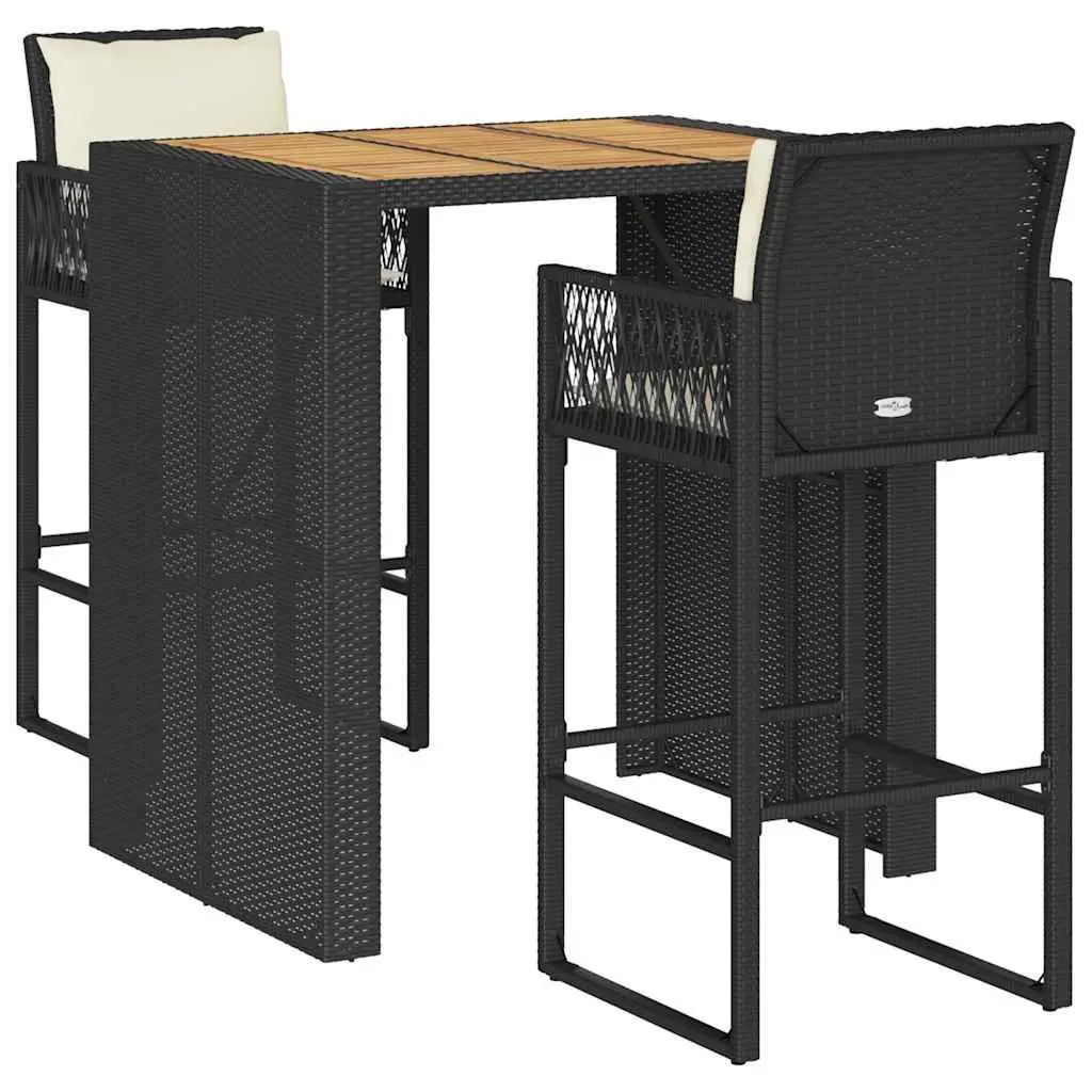 Garden Bar Set Black 3 Piece Outdoor Furniture Cushioned Stools