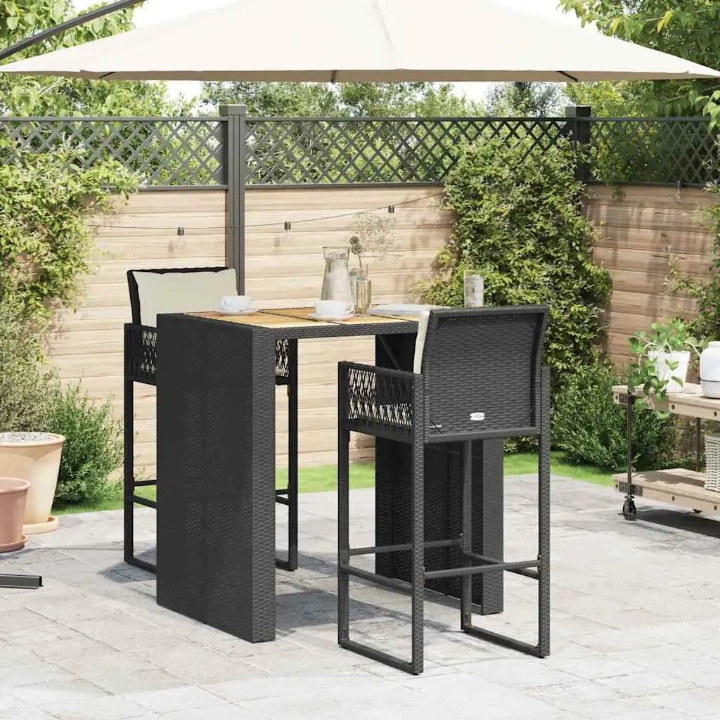 Garden Bar Set Black 3 Piece Outdoor Furniture Cushioned Stools