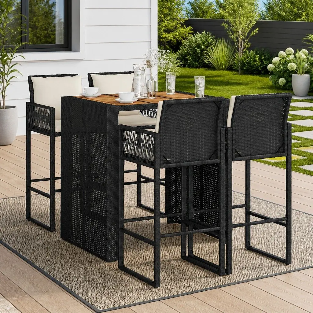 5 Piece Garden Bar Set Black Outdoor Furniture with Cushions Weather-resistant PE Rattan