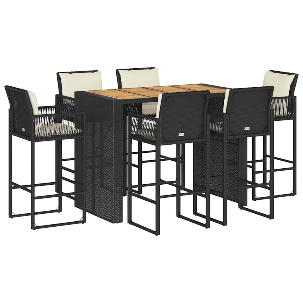 7 Piece Garden Bar Set with Backrest Cushions Black Rattan Outdoor Patio