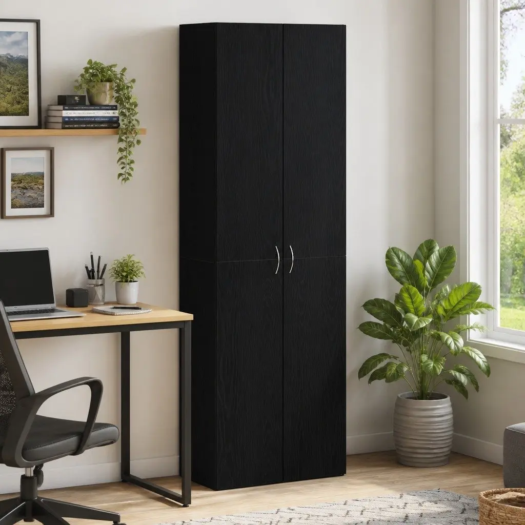 Filing Cabinet Black Engineered Wood Storage Organizer Hinge Door Shelves