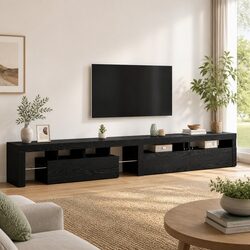 TV Cabinet 3 Piece Black Oak Media Storage Unit LED Lights Hinged Doors Glass