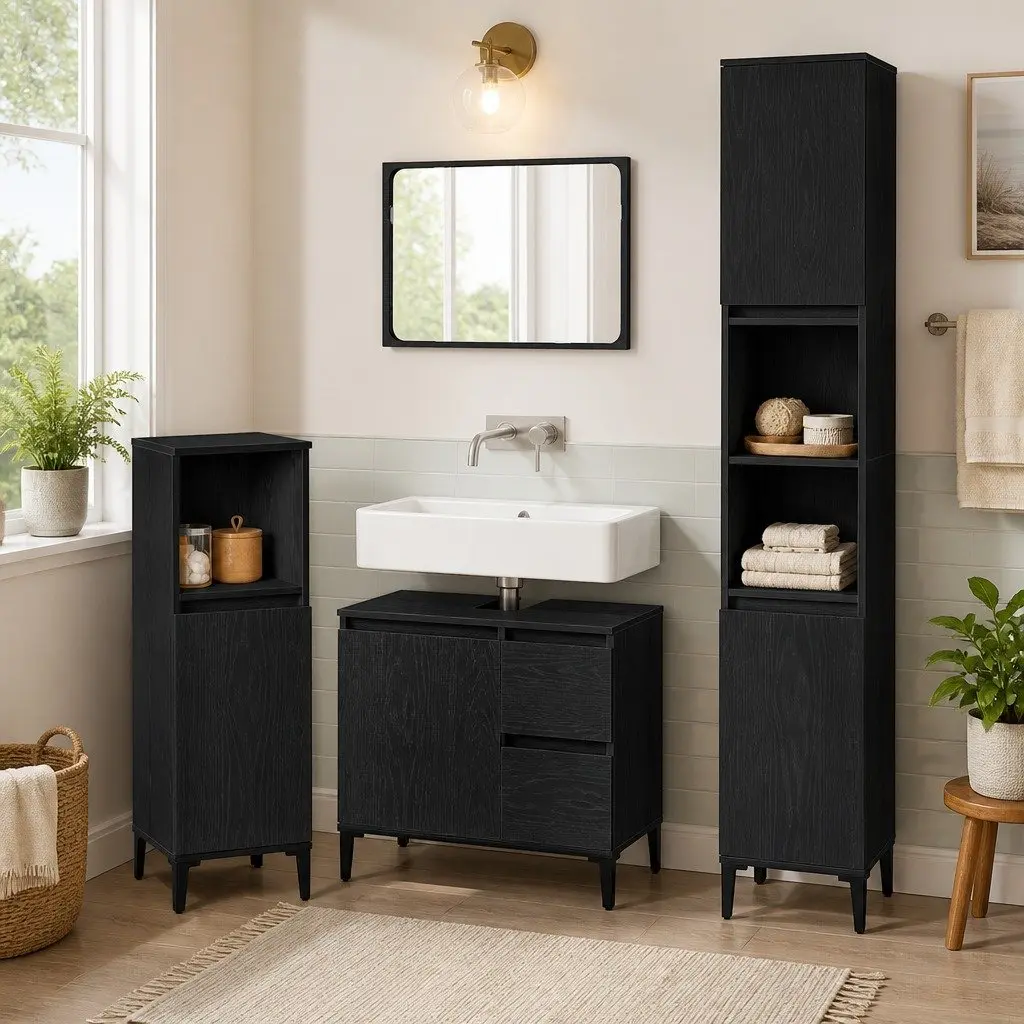 Bathroom Furniture Set Black Oak 3 Piece Wall-mounted Engineered Wood Storage