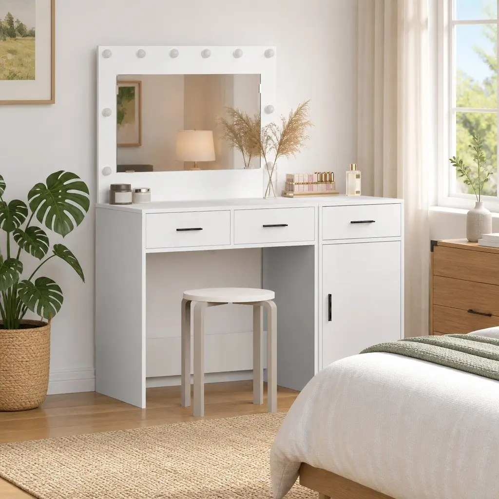 White Dressing Table Set with LED Lights