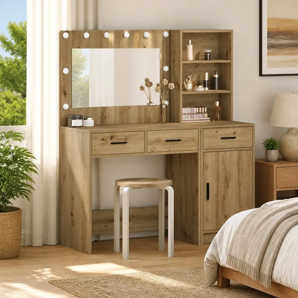 Dressing Table Bedroom Vanity Unit with Mirror LED Lights Drawers Storage Brown