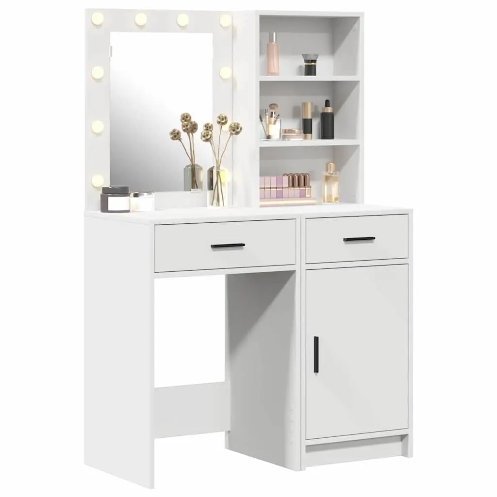 Dressing Table Set White 2 Pieces LED Mirror Integrated Storage