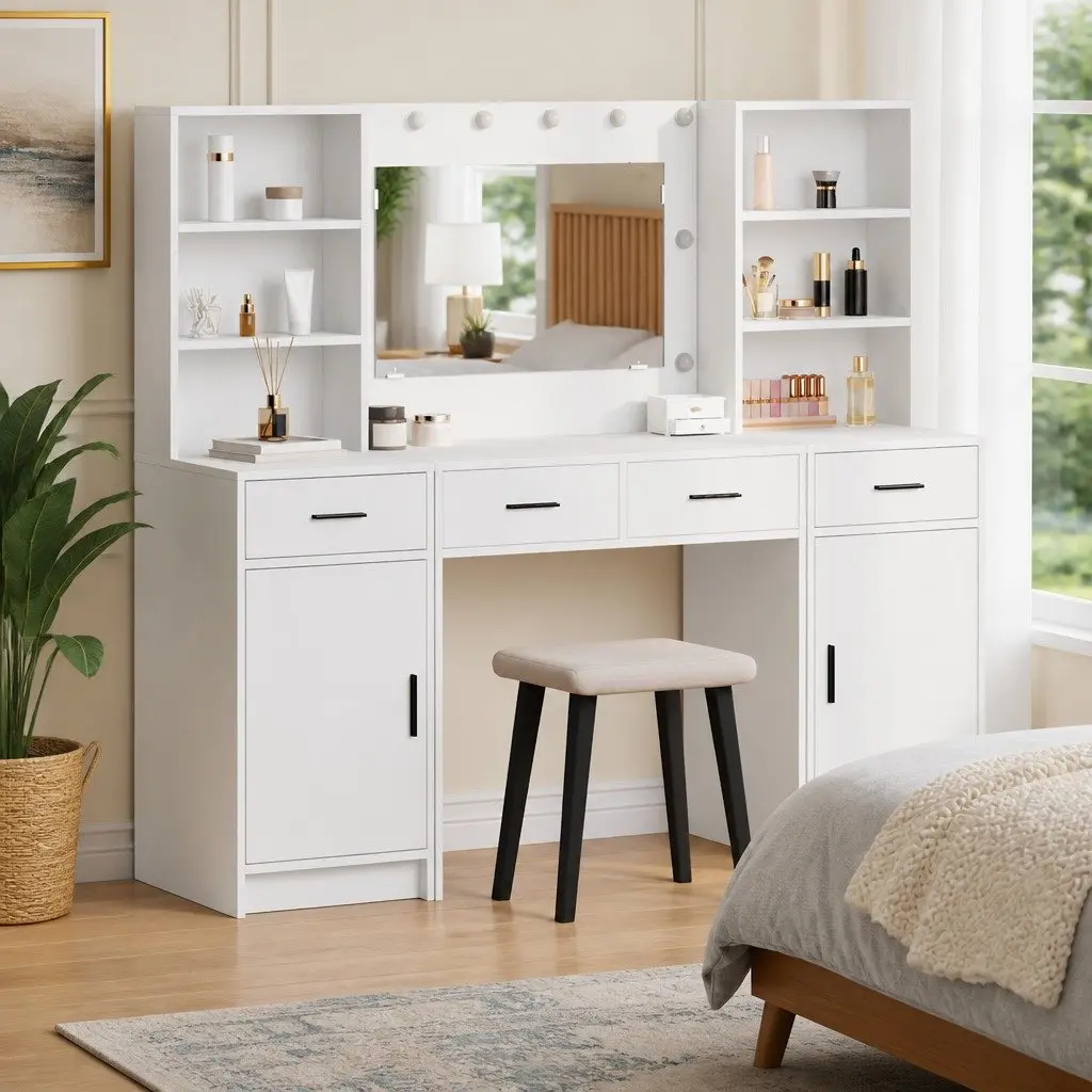 White Bedroom Dressing Table Set 135cm LED Mirror Drawers Shelves Storage