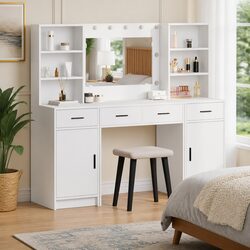 White Bedroom Dressing Table Set 135cm LED Mirror Drawers Shelves Storage