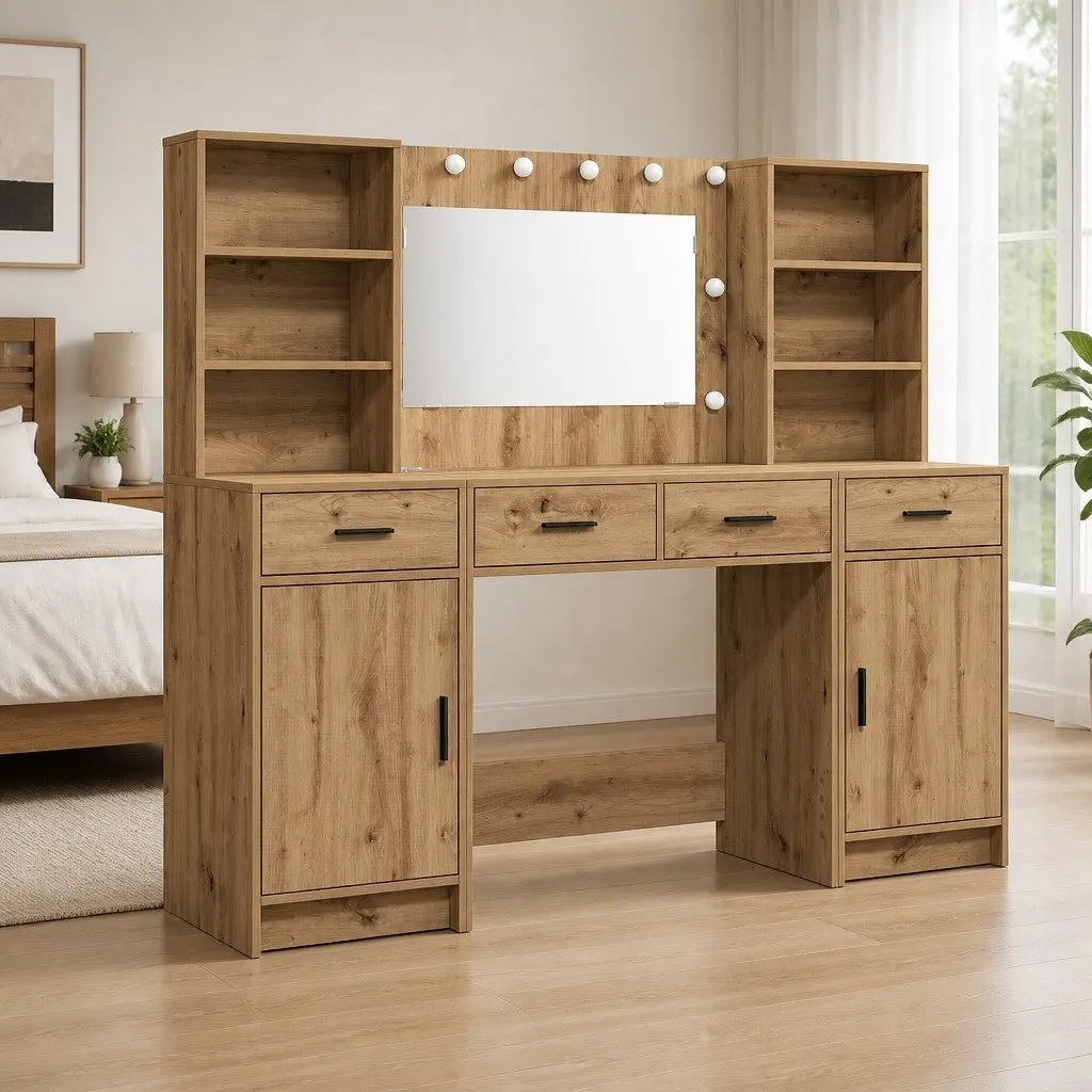 Dressing Table Set Brown 3 Piece Engineered Wood LED Mirror