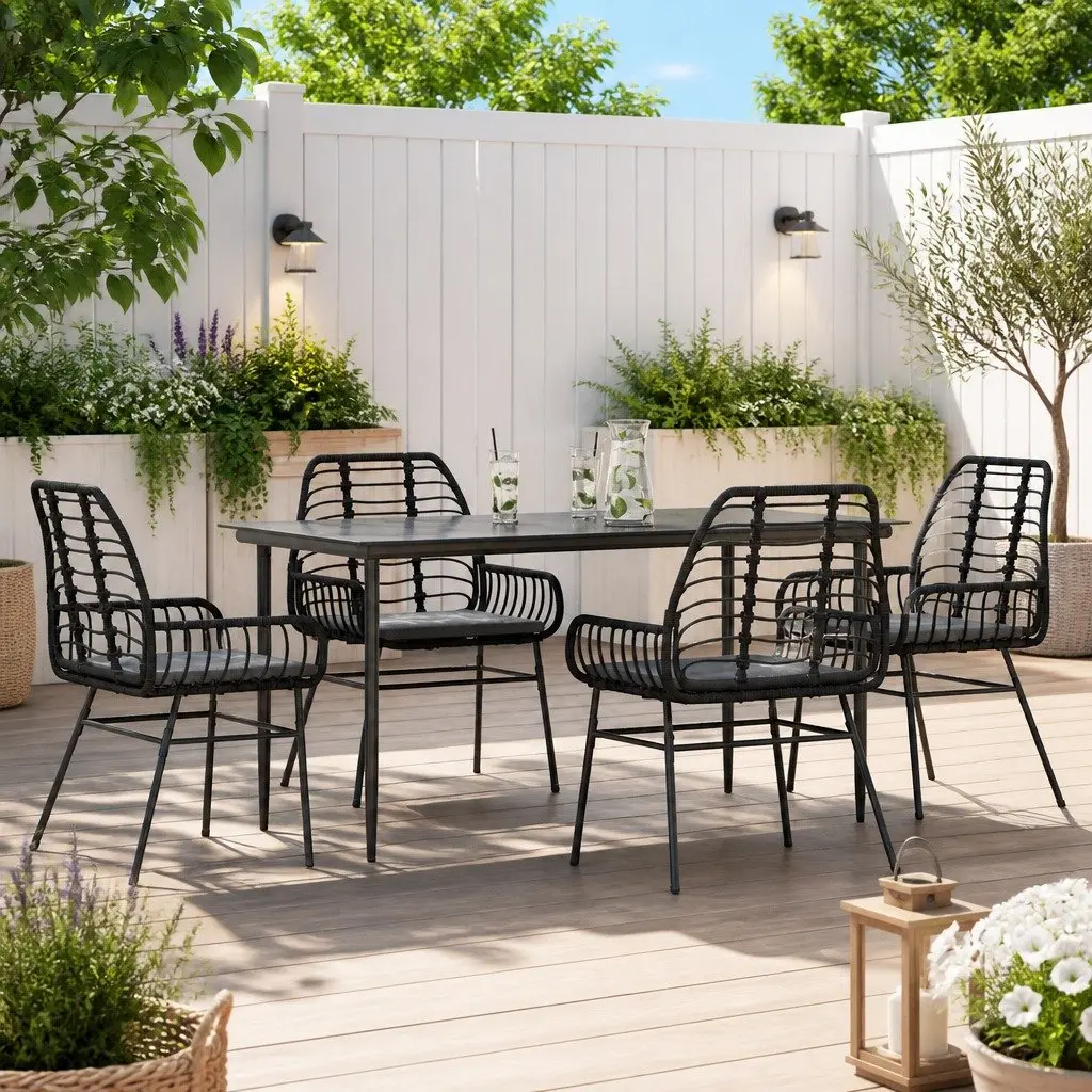 5 Piece Garden Dining Set Outdoor Patio Furniture Black Poly Rattan Glass Table