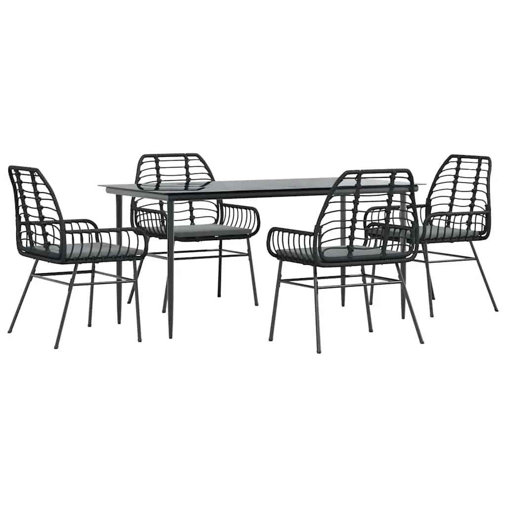 5 Piece Garden Dining Set Outdoor Patio Furniture Black Poly Rattan Glass Table