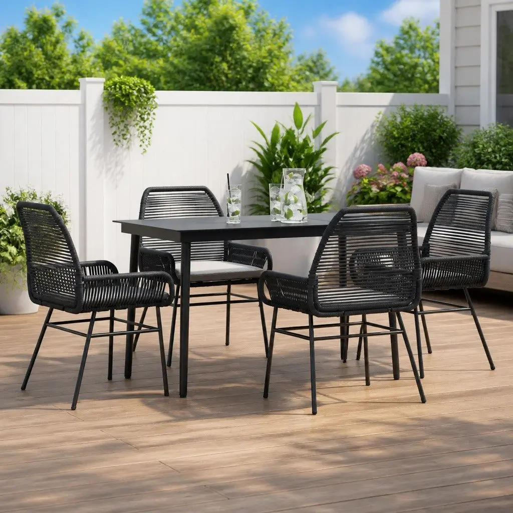Garden Dining Set 5 Piece Black Poly Rattan Patio Furniture with Cushions Glass