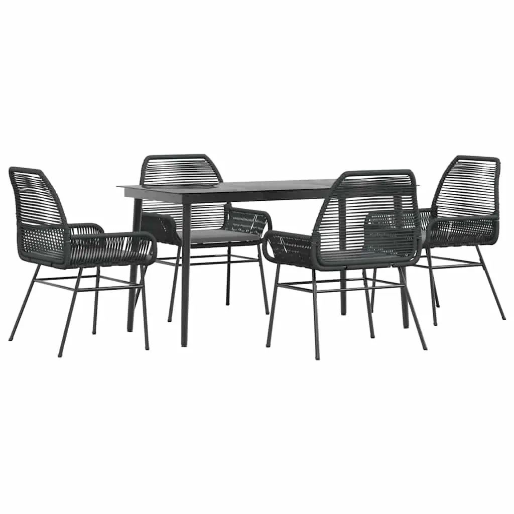Garden Dining Set 5 Piece Black Poly Rattan Patio Furniture with Cushions Glass