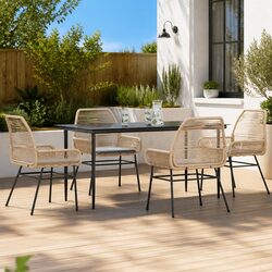5 Piece Garden Dining Set Outdoor Furniture Brown Poly Rattan Glass Table Chairs