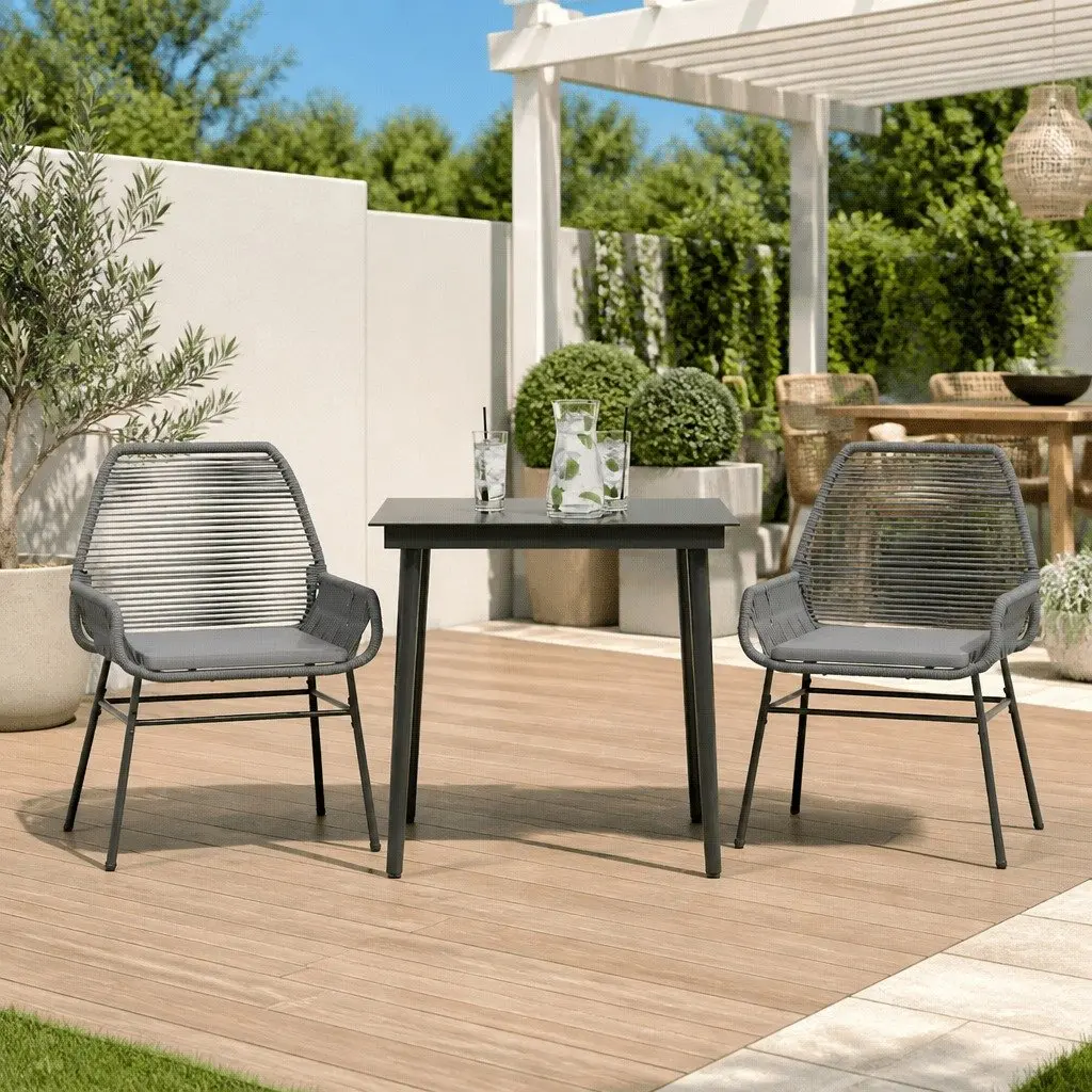Garden Dining Set 3 Piece Outdoor Furniture Grey Poly Rattan Glass Table Chairs