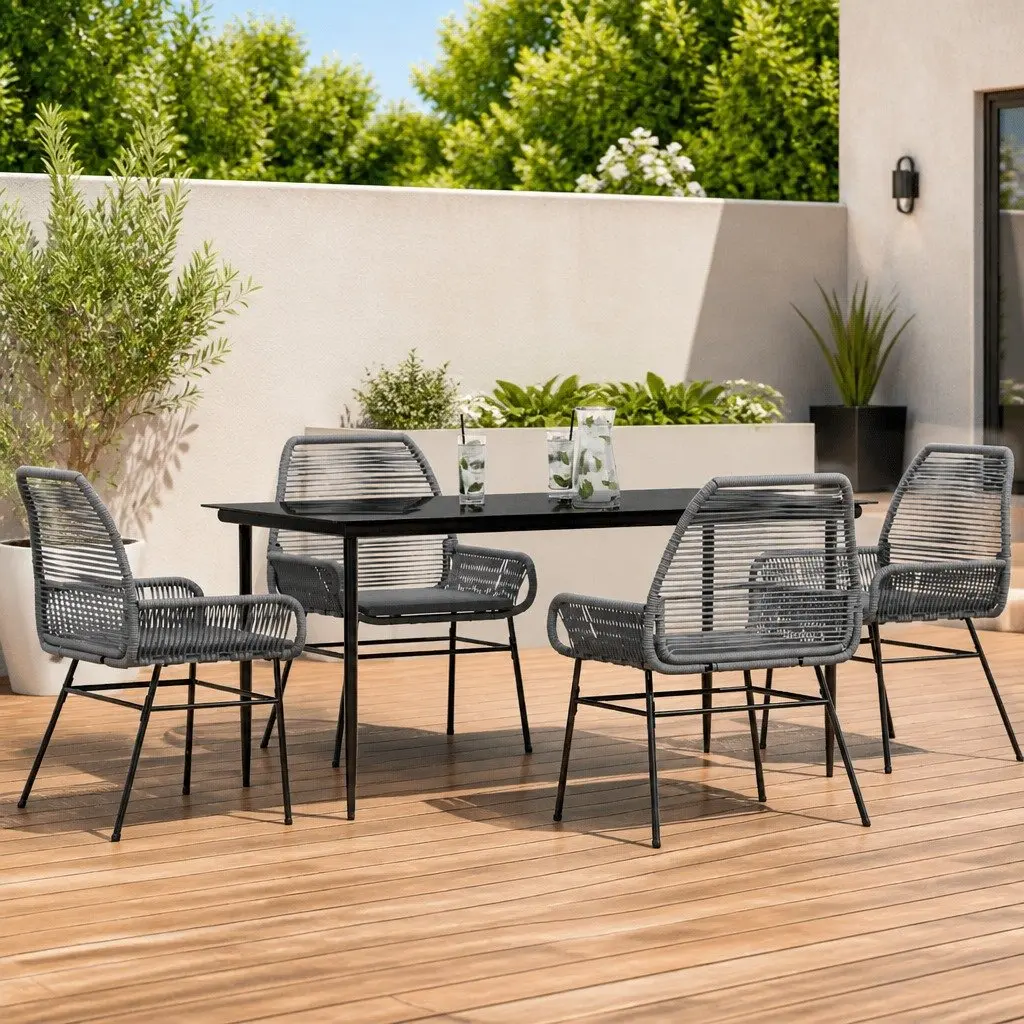Garden Dining Set Grey 5 Piece Outdoor Furniture Poly Rattan Glass Table Patio