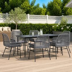 7 Piece Grey Garden Dining Set Poly Rattan Outdoor Furniture Glass Table Chairs