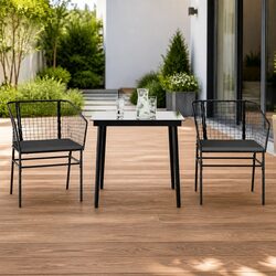 Garden Dining Set 3 Piece Outdoor Furniture Black Poly Rattan Glass Table Chair