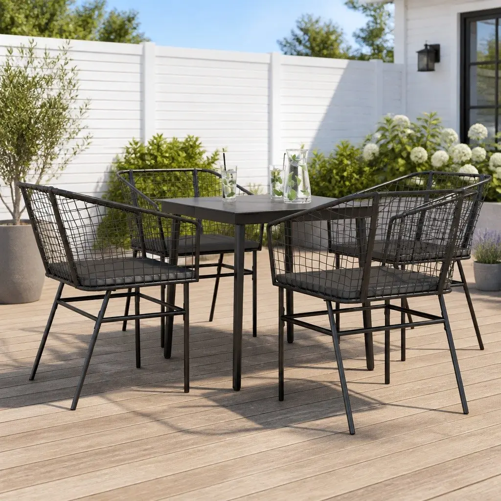 5 Piece Garden Dining Set Outdoor Patio Furniture Black Poly Rattan Glass Table