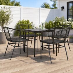 5 Piece Garden Dining Set Outdoor Patio Furniture Black Poly Rattan Glass Table