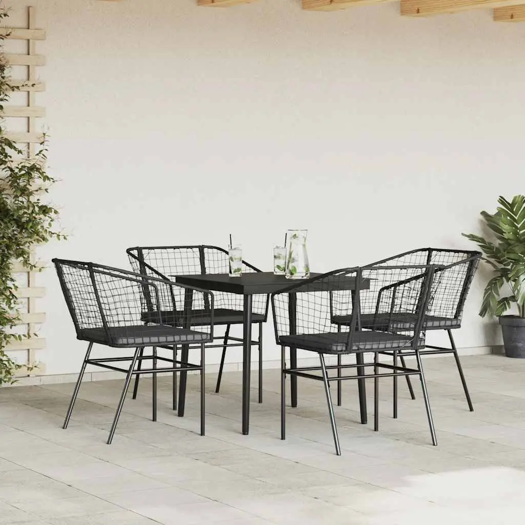 5 Piece Garden Dining Set Outdoor Patio Furniture Black Poly Rattan Glass Table