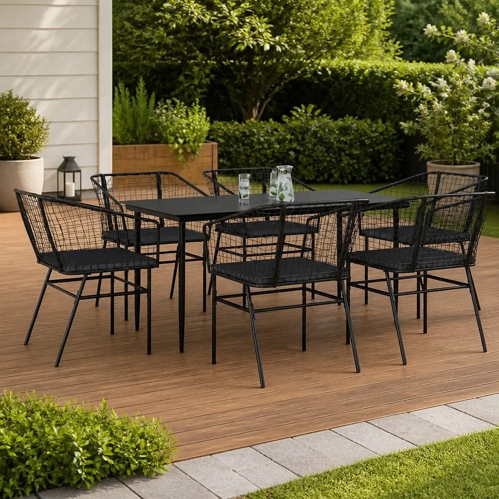 7 Piece Garden Dining Set Black Poly Rattan Table Chairs Cushions