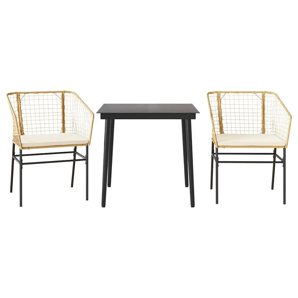 Garden Dining Set 3 Piece Brown Poly Rattan Patio Furniture with Glass Table