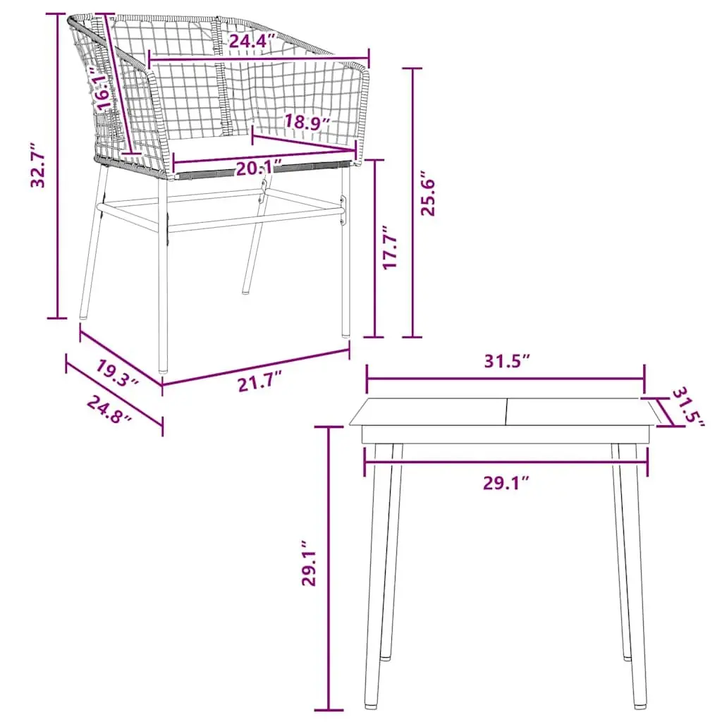 Garden Dining Set 3 Piece Brown Poly Rattan Patio Furniture with Glass Table