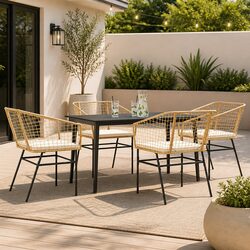 5 Piece Garden Dining Set Brown Poly Rattan Glass Tabletop Outdoor Furniture