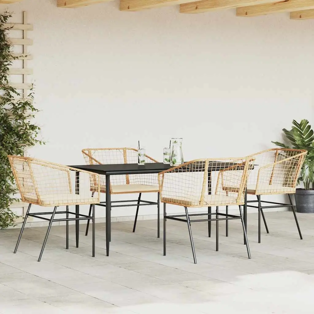 5 Piece Garden Dining Set Brown Poly Rattan Chairs with Cushions and Tempered Glass Table for Outdoor Patio