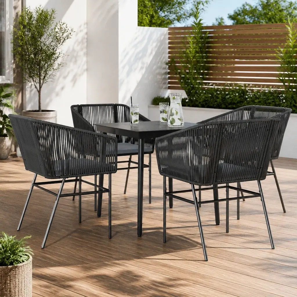 Garden Dining Set Black 5 Piece Outdoor Furniture Poly Rattan Glass Table Chairs
